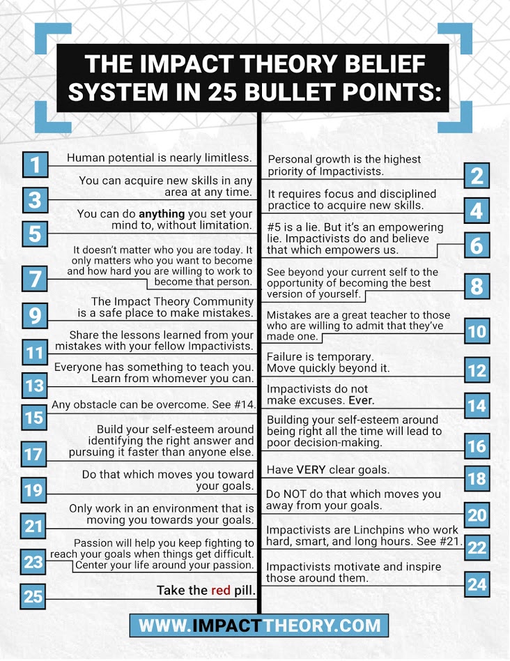 The impact theory belief system in 25 bullet points.